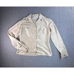 Vintage Silk Sz S Liz Claiborne Button Down Shirt Beaded Retro Boho